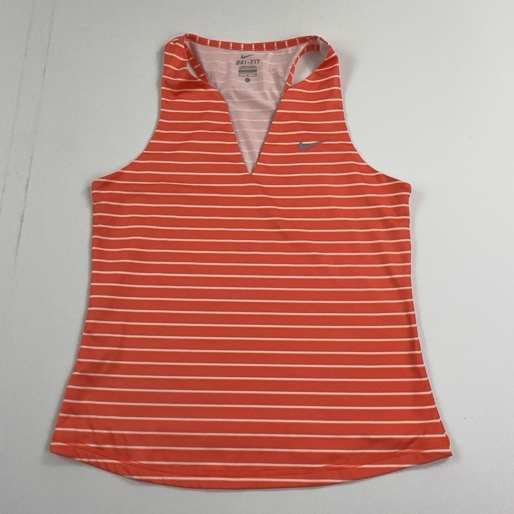 Nike Tank Top Womens Large Orange Stripe Dri-FIT V-Neck Athletic Spandex Stretch